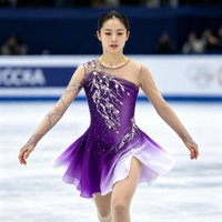 Costume de patinage artistique violet dégradé lavande, robe à manches longues en maille avec dos ajouré et strass pour performance des filles adultes