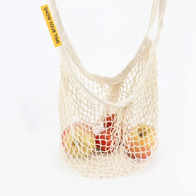 Tas jaring ramah lingkungan dapat dicuci, kantong penyimpanan buah lipat tas katun untuk belanja buah oranye