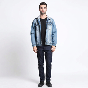 Chaqueta de mezclilla para hombre, estilo urbano, con capucha y cuello alto, corte moderno, personalizable, diseño frontal a medida, para otoño - Product Image 1