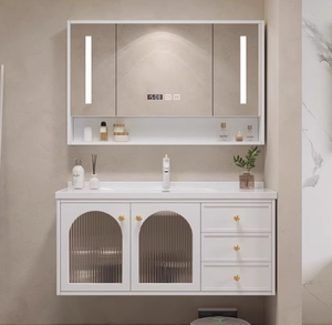 Ensemble de meubles de salle de bain en chêne avec miroir LED résistant à l'eau, lavabo monobloc de petite taille avec lavabo à <span class=keywords><strong>main</strong></span> - Product Image 4