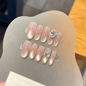 Faux ongles à presser nude dégradé avec perles de verre effet aurora et strass géants en cristal pour mariage, usage quotidien, rendez-vous, fête, vacances - Product Image 4