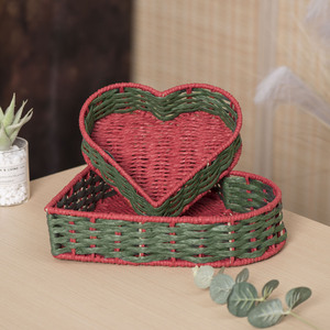 Handmade Paper Rope Heart Shaped <b>Storage</b> <b>Basket</b> Red Green Woven Desk Organizer For Keys And Small Items - Product Image 3