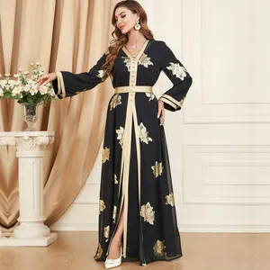 Women Muslim Abaya Dress Dubai Button Tape Trim Belted Caftan Split Hem Long Dress Print Fall 2022 Turkey Arabic Kaftan