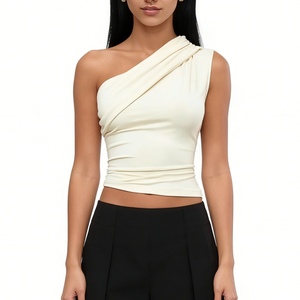 Women's Draped One-Shoulder Crop <b>Top</b> - Sleeveless Ruched Bodycon <b>Top</b> Shirt Fashion - Product Image 3