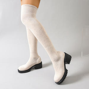 <span class=keywords><strong>Bottes</strong></span> hautes à enfiler pour femme, grande <span class=keywords><strong>taille</strong></span>, en tricot volanté extensible, tissu élastique, coupe ajustée, collection Hiver-Printemps - Product Image 2