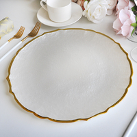 Assiette de présentation en verre transparent à bord doré pour mariage, avec motif tournesol unique et bord ondulé, pour la décoration de table