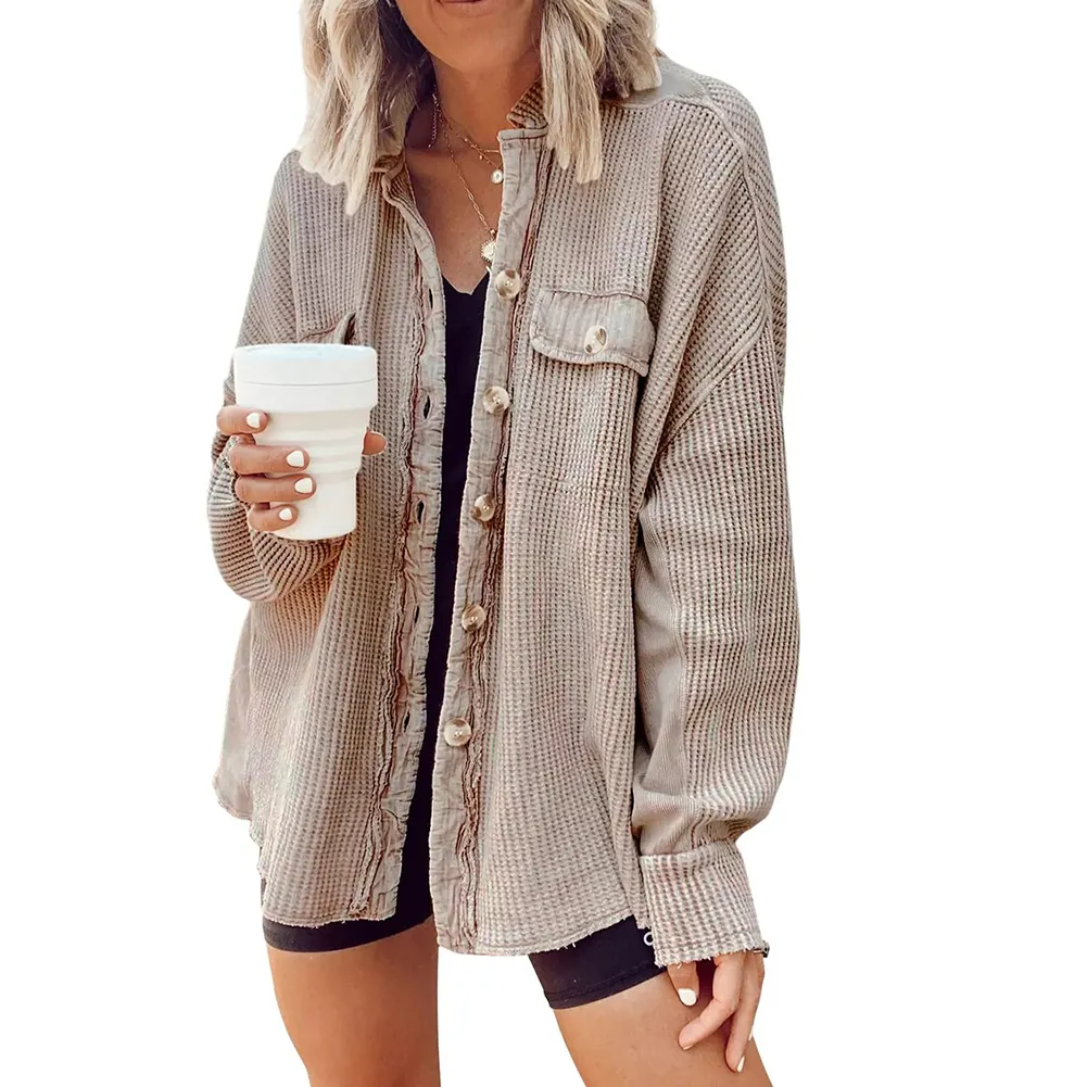 Ready to Ship Trending Shirt Jacket Womens Waffle Knit Shacket for Spring Fall