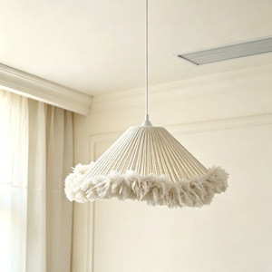 Lampe suspendue en <span class=keywords><strong>coton</strong></span> tissé à la main style crème française avec cadre en fer, pampilles LED E27, lustre en fil de pêche, garantie 3 ans, lumière chaude - Product Image 3