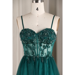 Nouveau moderne vert foncé fronde hôte robe Aline Tulle dentelle tissu Banquet soirée français Satin Polyester antistatique parole longueur - Product Image 6
