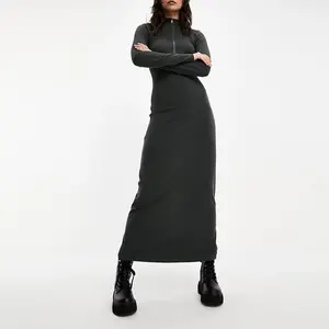 New Arrival 2024 FashionWomen Lady Elegant Long Sleeve Bodycon Dress Partial Zip Mock Neck Maxi Dress