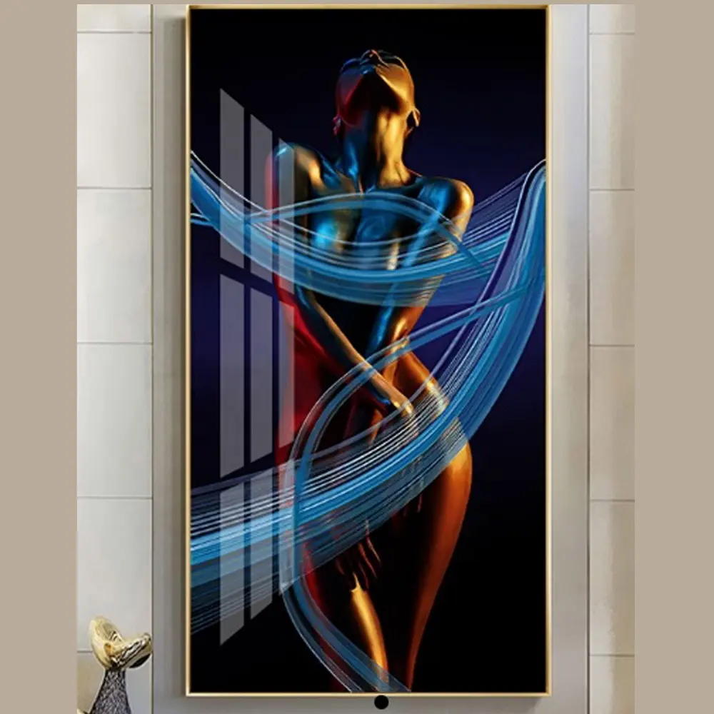 Moderno minimalista artístico negro chica colgante impresión 3D diamantes cristal porcelana pintura pared arte Led luz pintura desnuda