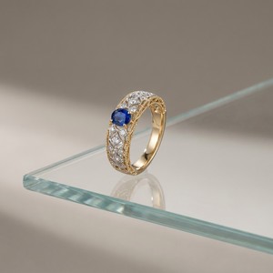Xinfly Solid 18K Gold Royal Blue Sapphire Diamond <b>Ring</b> Italian Style Hand Engraved AU750 <b>Two</b> Tone Vintage Fine Jewelry for Women - Product Image 4