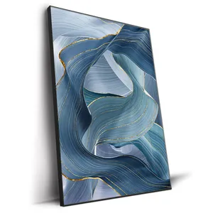 Pintura abstracta de lona para sala de estar, lienzo de algodón impermeable de alta calidad, lámina azul y dorada, impresión artística de pared
