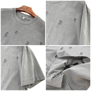 เสื้อยืดคอตตอน 100% หนัก 260 กรัม สไตล์วินเทจ ย้อมสีแบบแอซิดวอช ขาดๆ แบบโอเวอร์ไซส์ สตรีทแวร์ สำหรับผู้ชาย รุ่น TKAN6-610 - Product Image 3