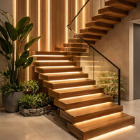 Escalier flottant empilé sur mesure en bois massif avec éclairage LED et structure en acier durable pour hôtel duplex – Prix usine
