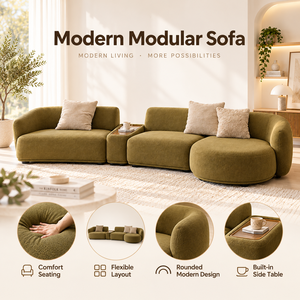 Modern Olive <b>Green</b> Modular Fabric <b>Sofa</b> Set with Rounded Low Backrests Deep <b>Cushioned</b> Seats and Center Console for Living Room - Product Image 4