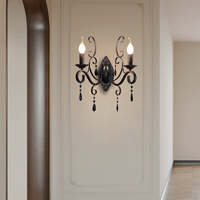 Applique murale LED 2 lumières en fer forgé noir, style bougie, avec cristal noir effet cire coulante, design moderne, pour décoration de salon et chambre