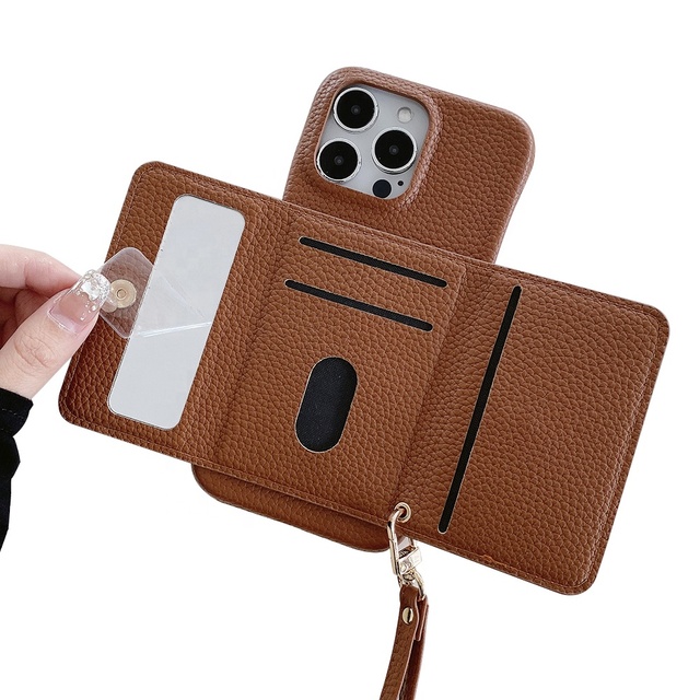 In Stock PU Leather Wallet Phone Case with Lanyard & Shockproof for 17/16/15/14 Sports Design ID Card Pocket