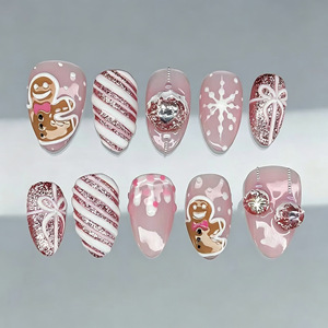 30 Uñas Postizas 3D con Diseño de Muñeco de Nieve y Almendras, con Lámina Dorada, para Navidad, Salón de Belleza, Manualidades y Fiestas - Product Image 1