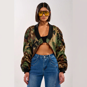 Camouflage Bomber <b>Jacket</b> With Turn-down Collar Batwing Sleeve Short Length Polyester Material Casual Style Unisex Autumn Wear - Product Image 1