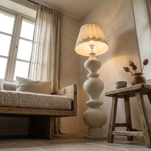 French Cream Style Gourd Sculpture Floor Lamp Rough Texture <b>Standing</b> Lamp Lace Trim Pleated Shade Home Decor Light - Product Image 6