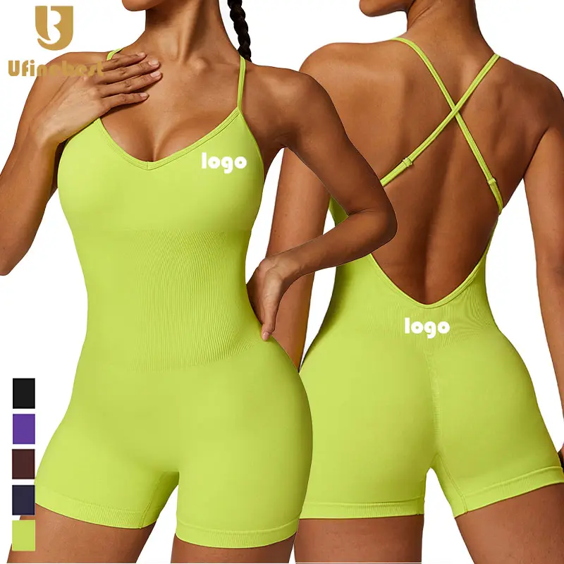 Individuelles Logo Strampler Training Sport Spielanzüge ärmellos Körperanzug nahtlos einteilig Fitnessstudio Fitness Jumpsuits Damen Yoga-Jumpsuit