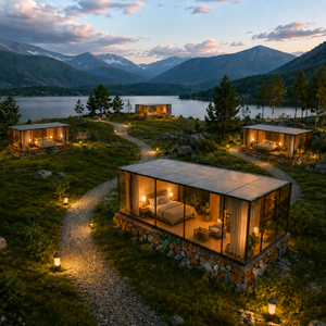 Moderna Casa Pequeña de Lujo con Espejo, Pared de Cristal Panorámica con Vista al <span class=keywords><strong>Bosque</strong></span>, Glamping, Residencia de Campamentos, Alojamiento en Resort - Product Image 1
