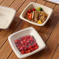 Bol à salade carré en bagasse de canne à sucre 16/24/32/42oz avec couvercle transparent en PET, compostable, biodégradable, de qualité alimentaire, pour plats à emporter