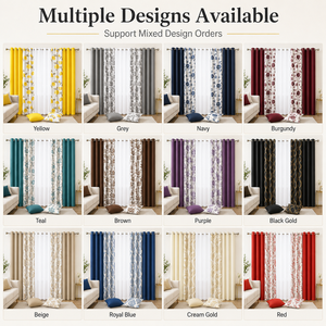 Juego de 7 piezas de cortinas de seda sintética estampada con paneles sólidos, cortina transparente y fundas de cojín, cortinas con ojales para ventana, venta al por mayor - Product Image 3