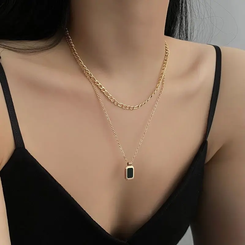 Fashion Black Square Pendant Necklace Gold Plating Double Chains Stainless Steel Necklace For Women Girls Jewelry Wholesale