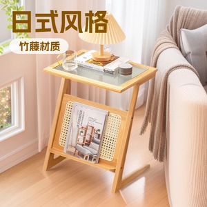 Japanese Style Sofa <b>Side</b> <b>Table</b> With <b>Storage</b> Shelf Glass Top Bamboo Material Living Room Coffee <b>Table</b> - Product Image 1