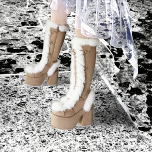 <b>Large</b> Size Fuzzy Lace-up Western Suede Botas Women Knee-High Platform Chunky Heel Winter Calf Wide Faux Fur Boots - Product Image 2