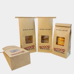 Emballage alimentaire personnalisé à emporter, sac en papier kraft brun à fond carré avec fermeture à lien pour boulangerie, pain, biscuits, friandises, avec fenêtre - Product Image 4