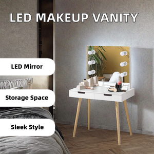 Modern Wood Panel Makeup Vanity <b>Table</b> with Built-in LED Lighted <b>Mirror</b> for Bedroom & Apartment Use - Product Image 2
