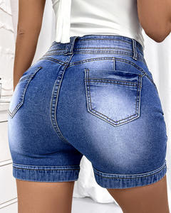 Short en jean à taille élastique et à lacets pour femmes, pantalon trois-quarts d'été à taille haute, décontracté, mini jean droit et serré 4 - Product Image 3