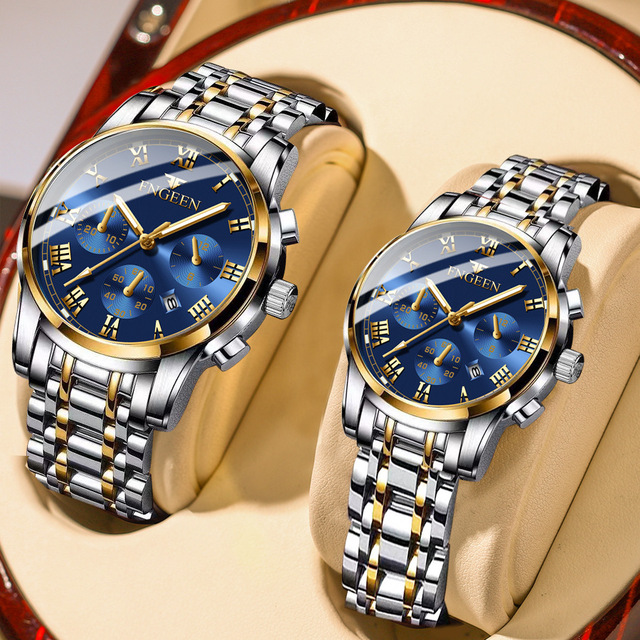 Valentines Day Gift FNGEEN 4006 Three-eye Six-pin Waterproof Luminous Fashion Steel Strap Quartz Couple Watch