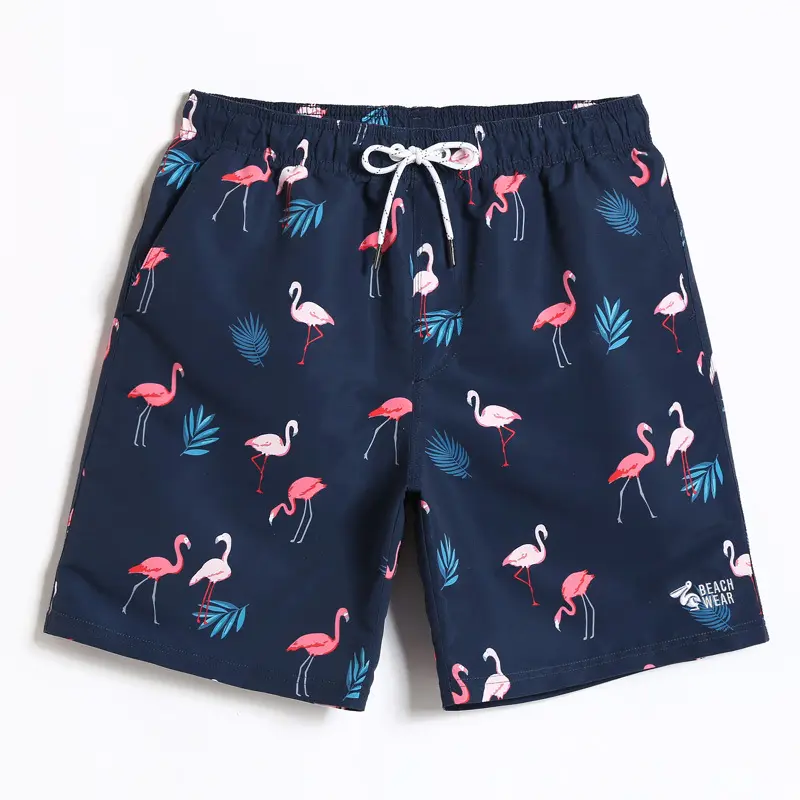Pantalones cortos hawaianos con estampado de flamencos para hombre, bañadores transpirables con logotipo personalizado, venta al por mayor, 2021