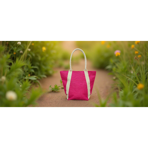 กระเป๋าโท้ทผ้ากระสอบสำหรับผู้หญิง กระเป๋าโท้ทผ้ากระสอบพร้อมหูหิ้วแบบถักบุนวม ราคาถูก คุณภาพสูง ผลิตในอินเดีย สีชมพูและสีขาว - Product Image 1