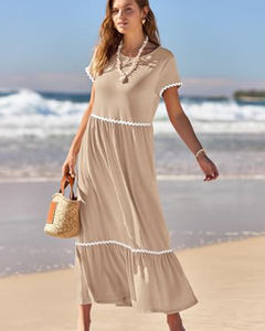 2025 nuevo diseño femenino suave suelto ajuste fluido escalonado manga corta vestido largo verano encaje ajuste cuello redondo vestido con bolsillos laterales. - Product Image 4