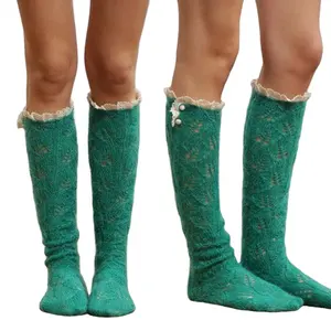 2023 Fashion Knitted Warm Foot Socks Ladies Thick women Woolen Button Lace Leaf Socks