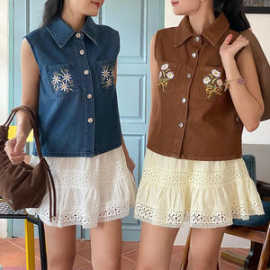 Top in Denim Essenziale, Motivo Uniforme, Stile Casual Inglese, <span class=keywords><strong>Gilet</strong></span> Traspirante da <span class=keywords><strong>Donna</strong></span>, Comodo per Stratificazione Quotidiana, Imbottitura in Cotone - Product Image 3