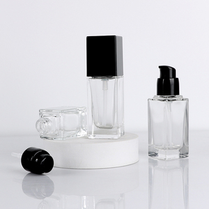 Thick Bottom20ml 30ml Travel Square Frosted Clear Glass Liquid Foundation Bottle Body Lotion Cream Essence with Black Press <b>Pump</b> - Product Image 1