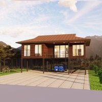 Maison familiale surélevée à 4 chambres et 2 salles de bain, style tropical, avec terrasse spacieuse et design extérieur en bois, en Indonésie