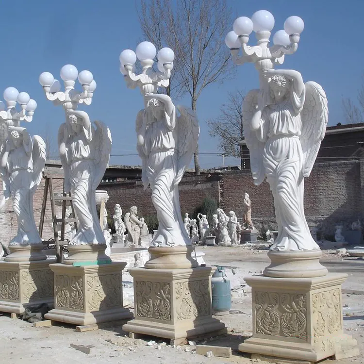 JK hand geschnitzte Garten Marmor Engel Lampe Statue im Freien