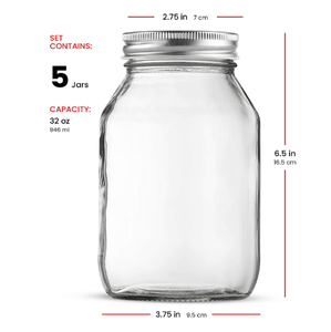 Regular Wide Mouth Mason Jar 32 oz Glass Jars with Silver Metal Airtight Lids for Food Storage