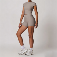 Ensemble d'entraînement 2 pièces sans dos pour femme grande taille GH, en Spandex/Nylon de haute qualité, col rond, short taille haute élastique et respirant