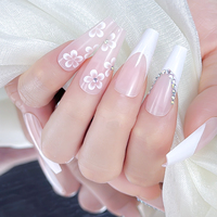 Faux ongles longs style ballerine avec motif floral et strass, design français, en ABS, à presser