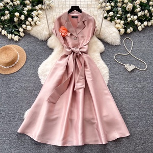 Nuevo Vestido de Verano 2026 para Mujer, Elegante, Midi, Cintura Imperio, Silueta en A, Color Sólido, Manga Corta, con Flores - Product Image 3