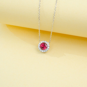 Lab Grown <b>Ruby</b> Halo Pendant <b>Necklace</b> 925 Sterling Silver Luxury Fine Jewelry for Daily Party Banquet Evening Wear Women Fashion - Product Image 3