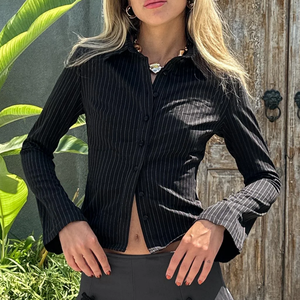 Camisa Corta a Rayas con Botones para Mujer, Manga Larga, Corte Ajustado, Diseño Recortado, Ropa de Oficina, Blusa de Popelina para Todas las Temporadas - Product Image 2